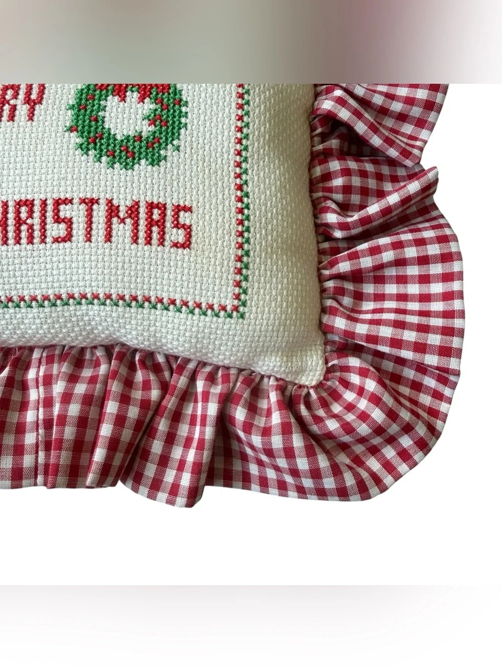 Vintage Christmas Needlework Pillow Gingham Ruffle Grandmillennial Cottage Decor